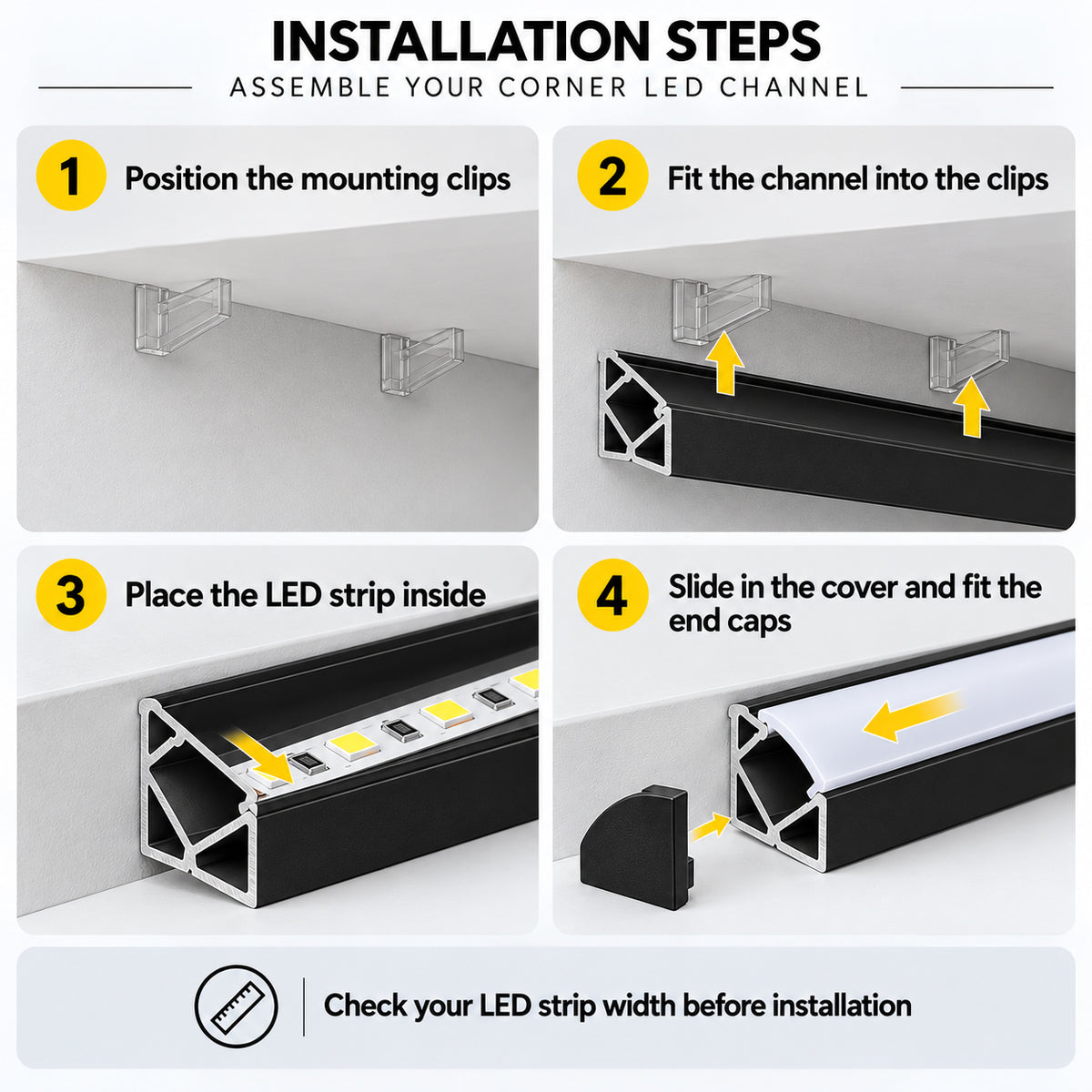 Black V03 18x18mm V-Shape Corner-Mount LED Aluminum Channel, 12mm Inner Width, with Cover, End Caps & Mounting Clips