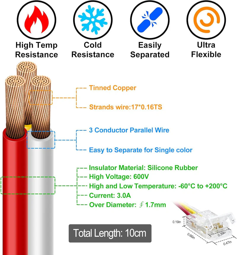LightingWill LED Strip Connector 10mm 3Pin Transparent Solderless Clips, LED Light Strip Connector Strip to Wire Strip to Strip DC Adapter Connector for RGB IC Strip, Bulk 500pcs MOQ Factory Direct