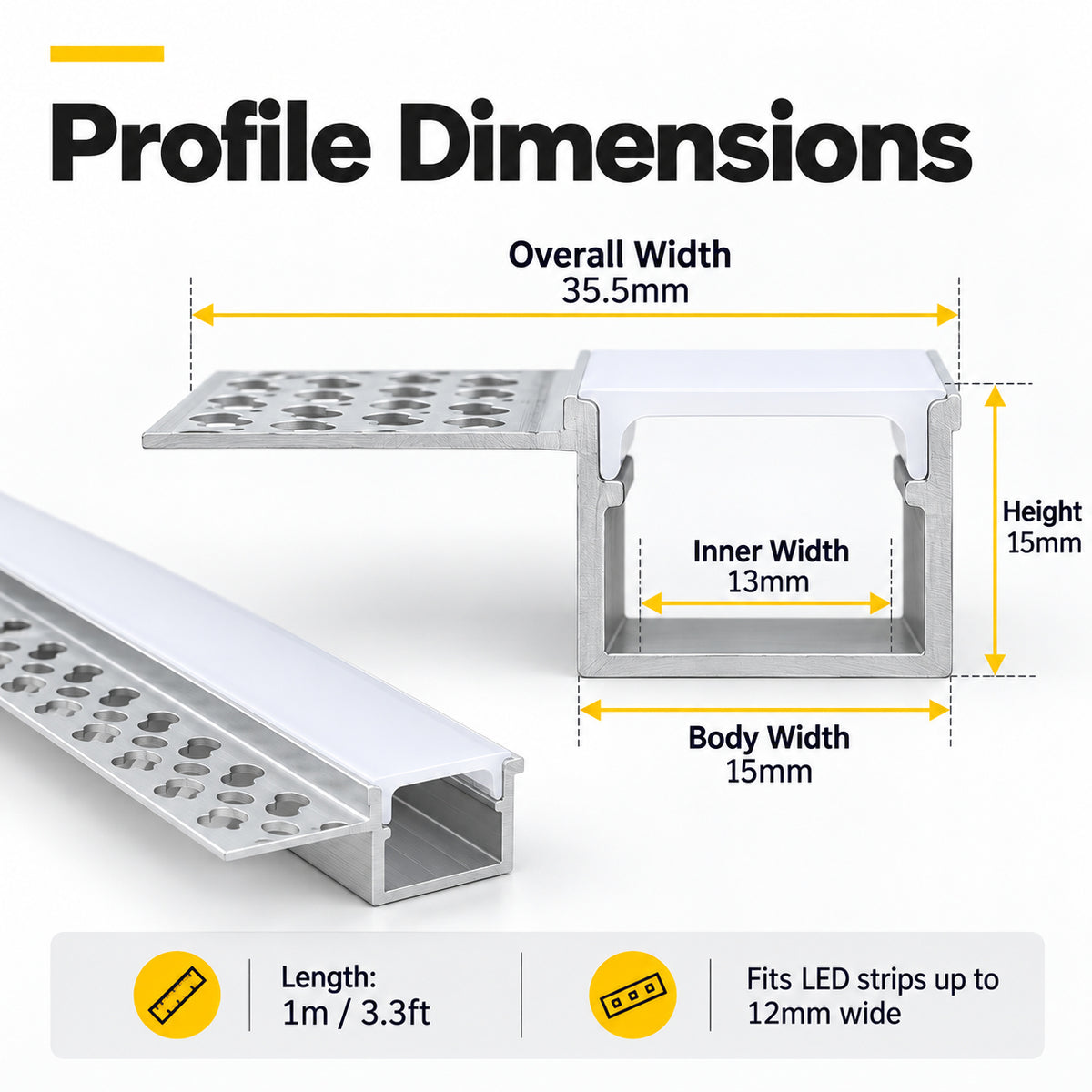 Silver 701 One-Sided LED Aluminum Channel for Plaster-In Drywall, Fits LED Strips Up to 12mm Wide, with Milky White Diffuser