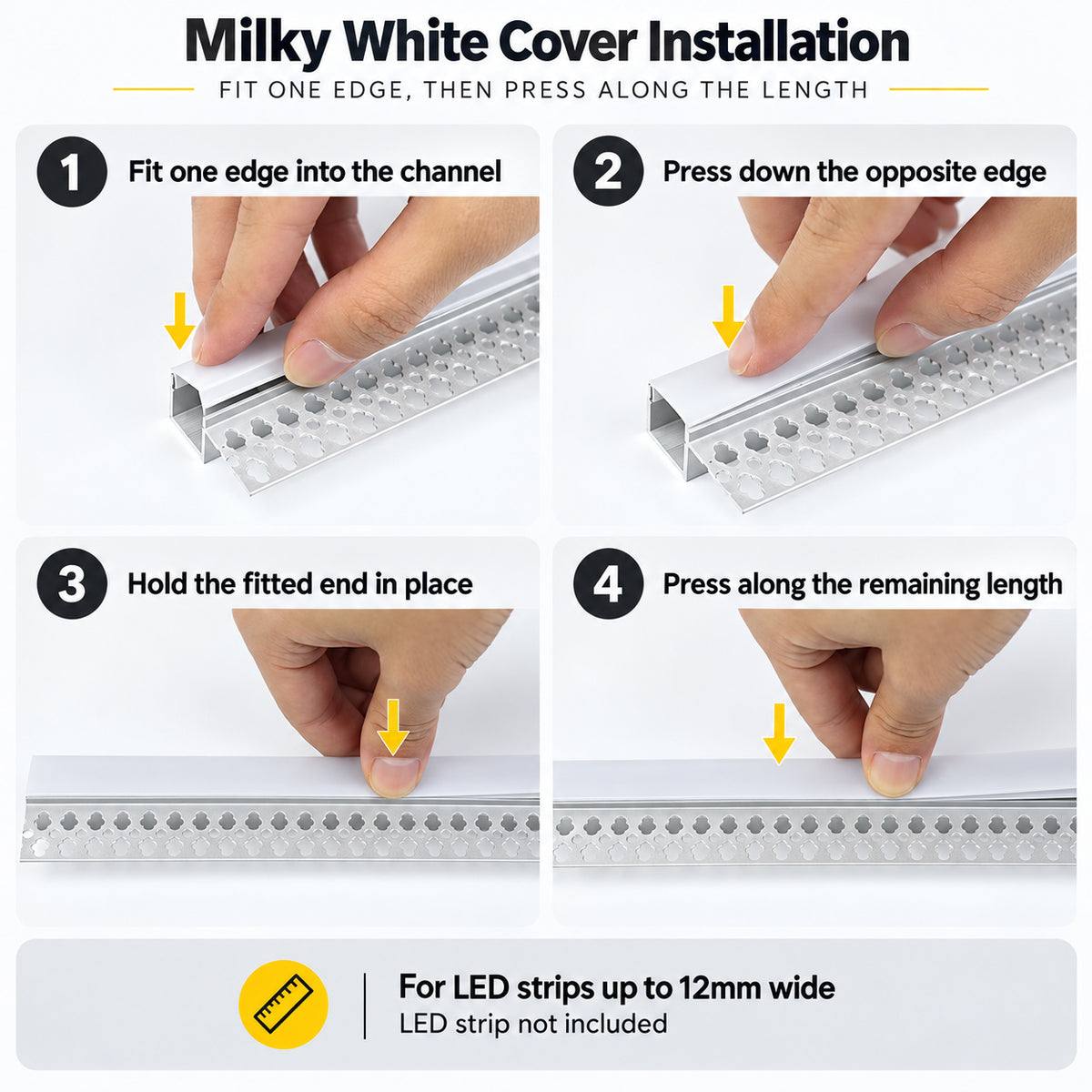Silver 701 One-Sided LED Aluminum Channel for Plaster-In Drywall, Fits LED Strips Up to 12mm Wide, with Milky White Diffuser