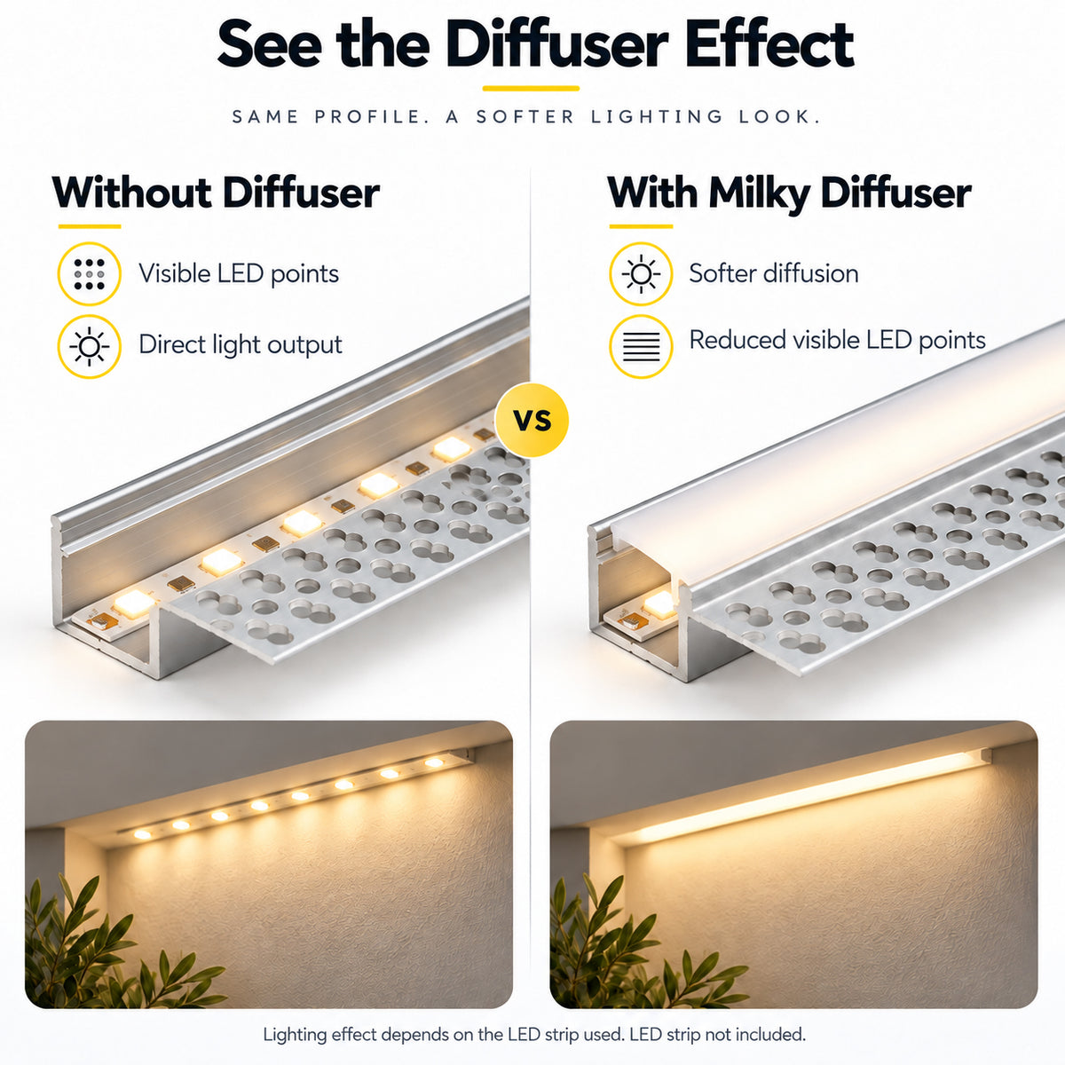 Silver 701 One-Sided LED Aluminum Channel for Plaster-In Drywall, Fits LED Strips Up to 12mm Wide, with Milky White Diffuser