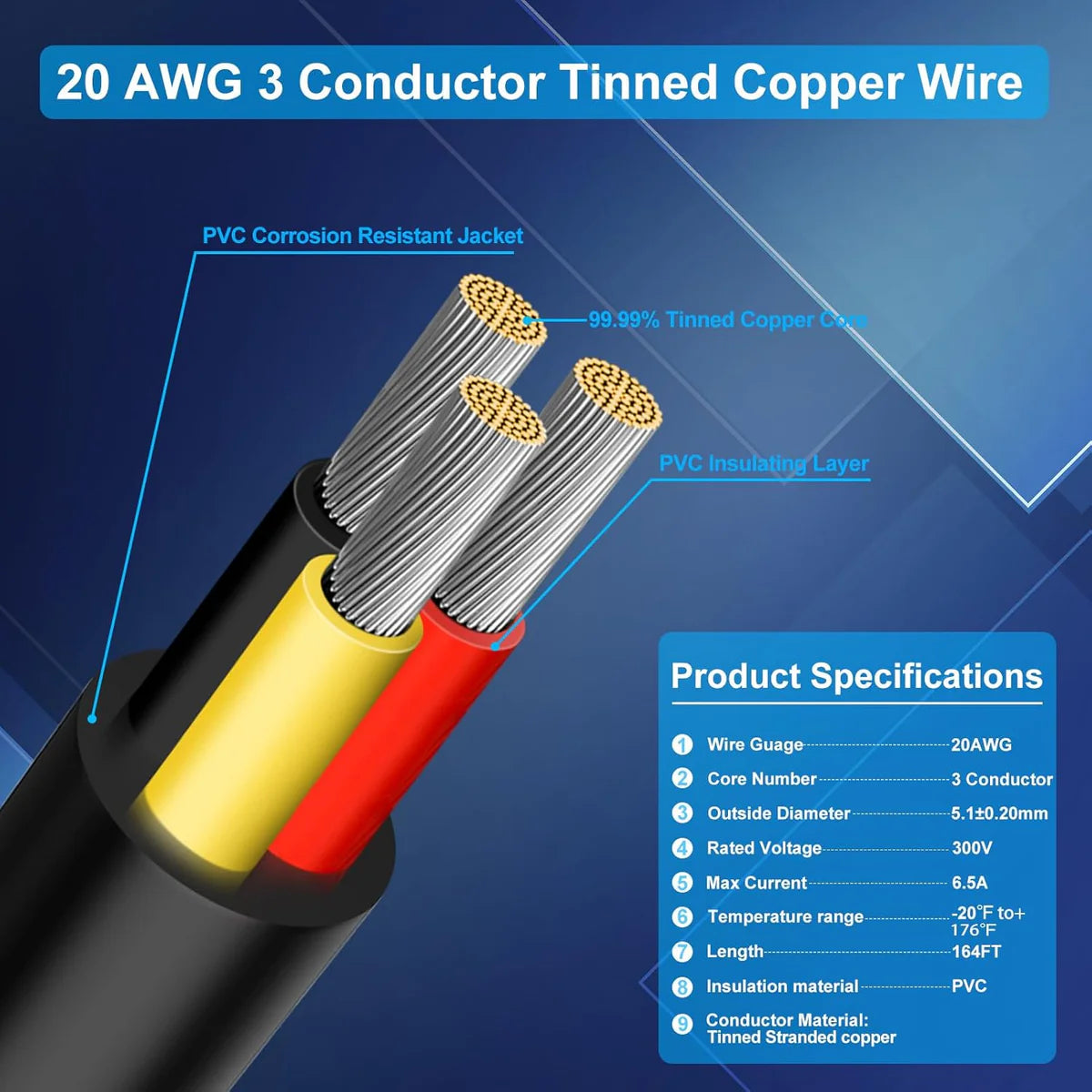 20 AWG Multi-Core Wire, Stranded Tinned Copper Electrical Cable, 6/7/8 Conductor, Black/White PVC Insulated Control Extension Cord — 3m–50m (10ft–165ft) Options