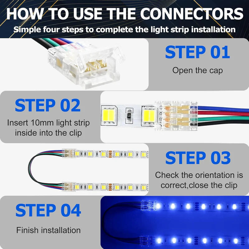 LightingWill LED Strip Connector 10mm 4Pin Transparent Solderless Clips, LED Light Strip Connector Strip to Wire Strip to Strip Female Plug Connector for RGB Strip, Bulk 500pcs MOQ Factory Direct