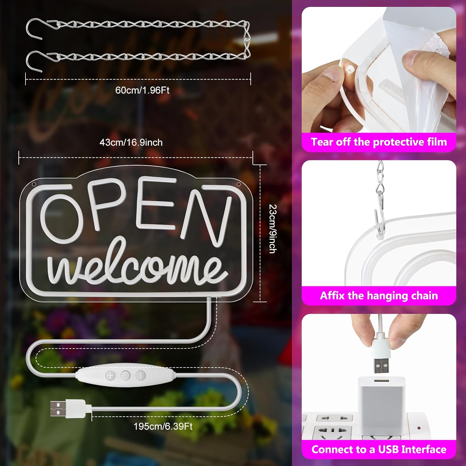 OPEN Welcome LED Silicone LED shop signs – 16×9 Inch (41×23 cm) Horizontal Style | USB Powered Pink, Blue & Yellow Glow Light for Cafes, Restaurants & Retail Shops