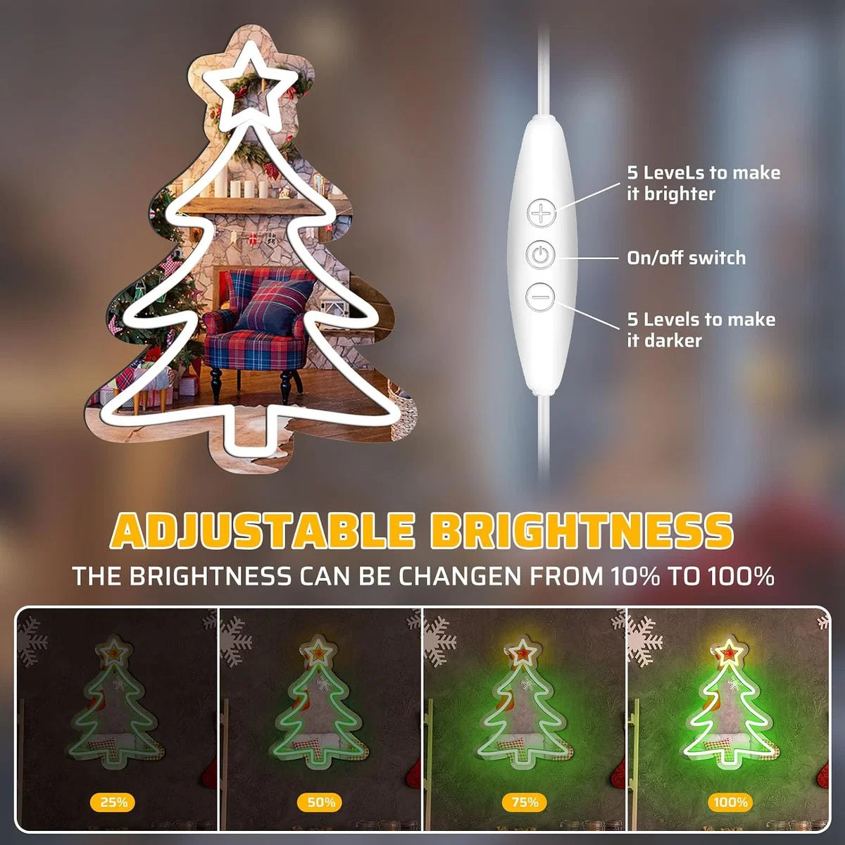 LED Neon Signs – Christmas Tree Silicone Neon Sign – 16×12 Inch | 5V USB Powered Dimmable Green & Yellow Glow LED Wall Light | Neon Lamp with Accessories Included | Hanging Holiday Decor for Christmas Party, Bedroom & Home Spaces