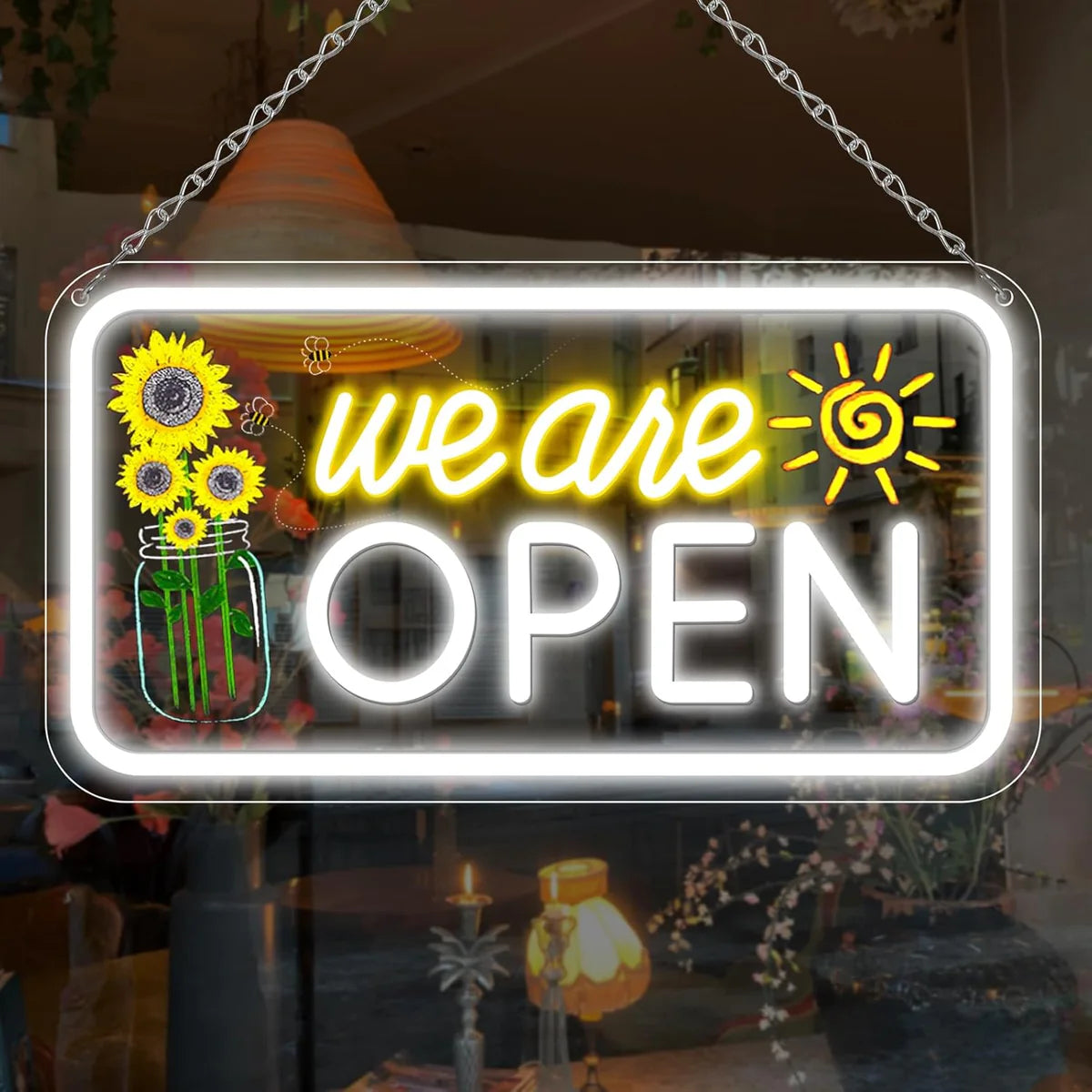 We Are Open Vertical Neon Sign – 17×9 / 23×12 inch | Warm White & White Glow | Window Hanging | Plug & Play for Storefronts