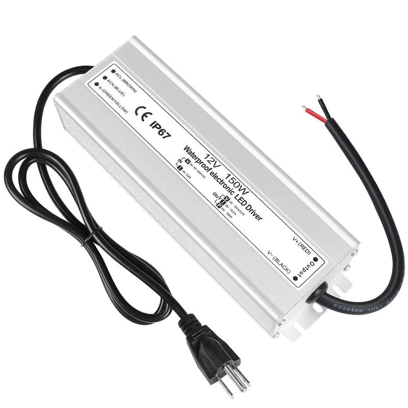 12V Waterproof LED Power Supply, 30W–300W Outdoor LED Driver, 90–265V AC Input, Single or Dual Wire Output, CE/RoHS/FCC Certified, US / UK / EU Plug &amp; Wire Lead Options