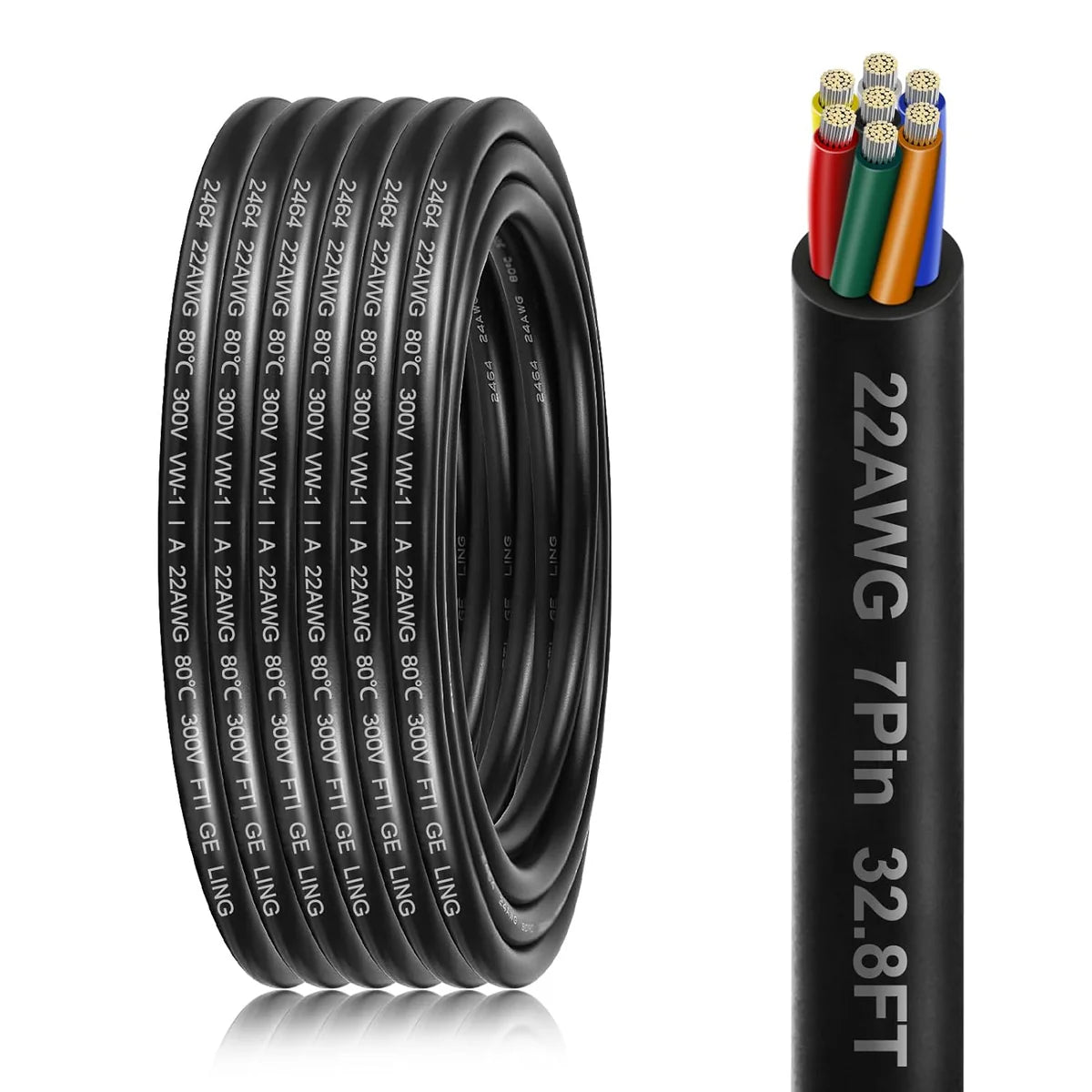22 AWG Electrical Cable, Stranded Tinned Copper Multi-Conductor Wire, 6/7/8 Core, Black/White PVC Sheathed Flexible Control Wire — 3m–50m (10ft–165ft) Options
