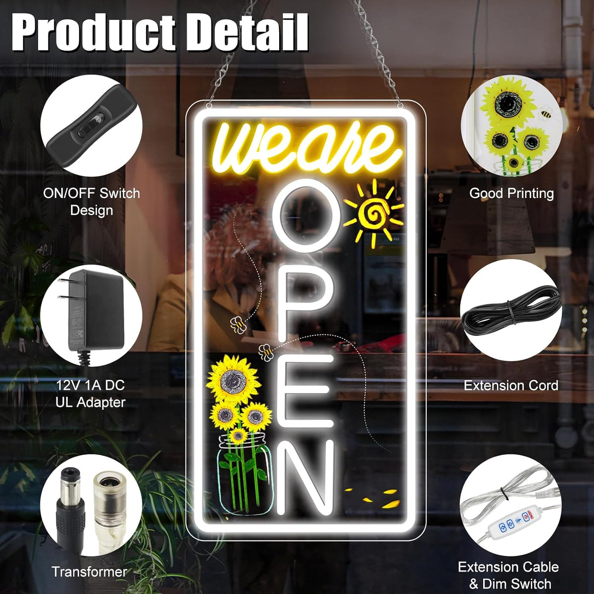 We Are Open Vertical Silicone LED shop signs – Warm White / Neutral White  | 16.5 × 9 inch |Window Hanging | Plug & Play for Cafes, Restaurants & Retail Shops
