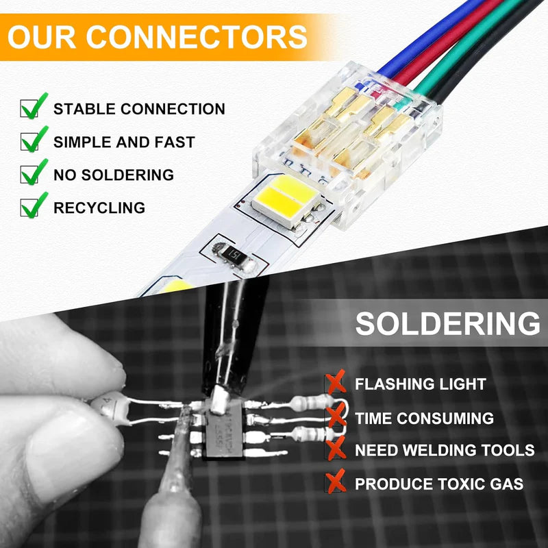 LightingWill LED Strip Connector 10mm 4Pin Transparent Solderless Clips, LED Light Strip Connector Strip to Wire Strip to Strip Female Plug Connector for RGB Strip, Bulk 500pcs MOQ Factory Direct