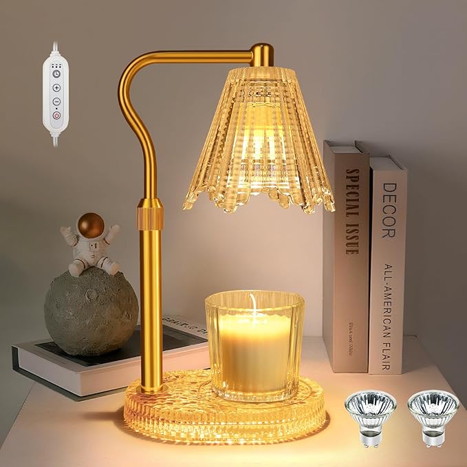 Crystal Candle Warmer Lamp with Timer, Adjustable Height Glass Candle Light, Vintage Electric Wax Melt Warmer with Dimmer, Home Fragrance Décor and House Warming Birthday Gifts for Women Mom