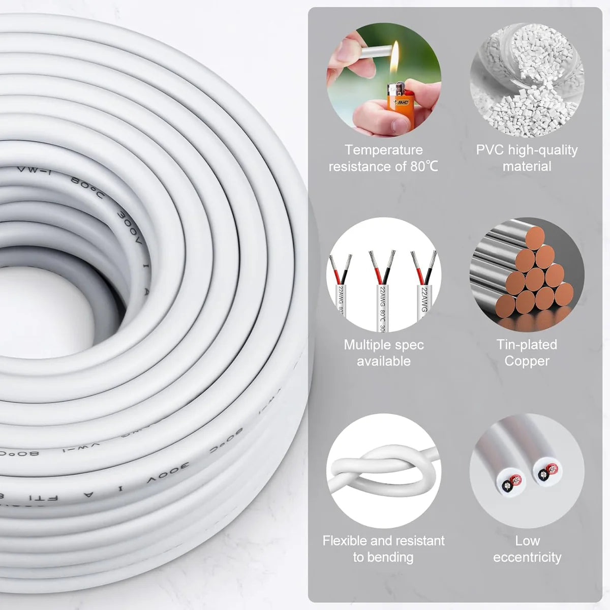 22 AWG Electrical Wire, Stranded Tinned Copper Cable, 2/3/4/5 Conductor Multi-Core, Black/White PVC Jacket Flexible Extension Cord — 3m–50m (10ft–165ft) Options