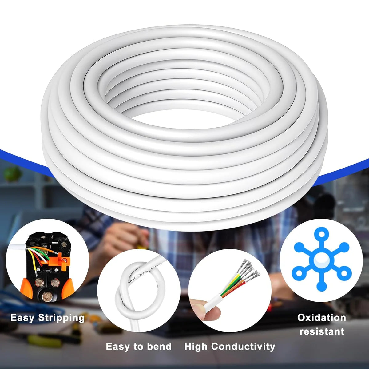18 AWG Electrical Wire, Stranded Tinned Copper Multi-Core Cable, 6/7/8 Conductor, Black/White PVC Flexible Control Extension Cord — 3m–50m (10ft–165ft) Options