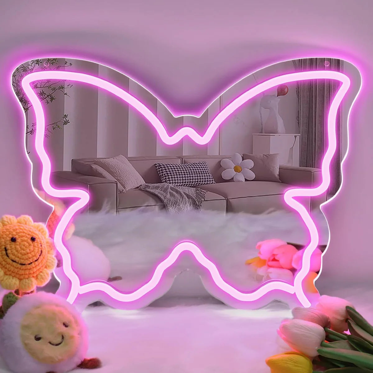 Butterfly Mirror Vanity Sign – Blue/Ice Blue/Pink/Purple/Warm White Neon Outline | 15.7×12 inch | USB Powered | Perfect for Vanity Decor