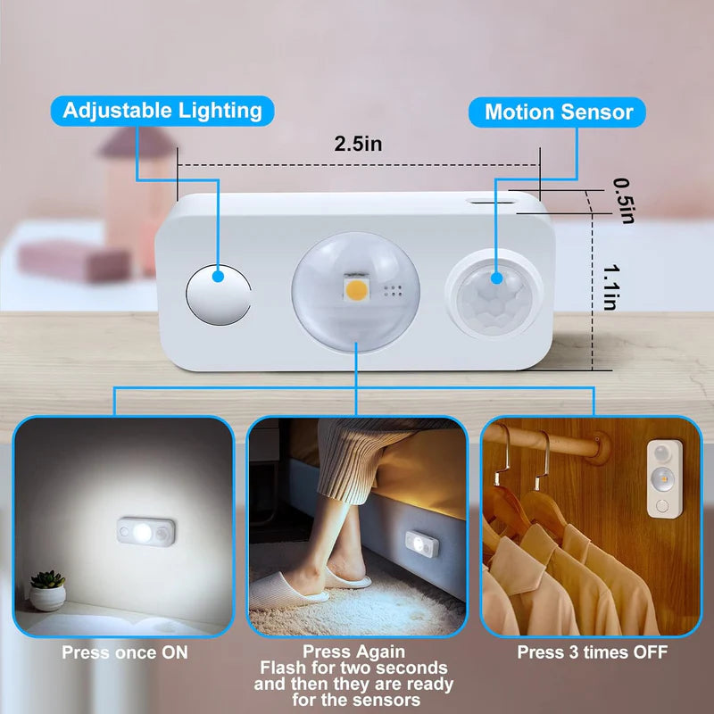 LightingWill Rechargeable LED Puck Closet Light 4/6/8 Pack, Motion Sensor Tap Switch Dimmable Cabinet Light, Warm / Daylight White, Black / White Finish, Easy Mounting for Closets and Cabinets