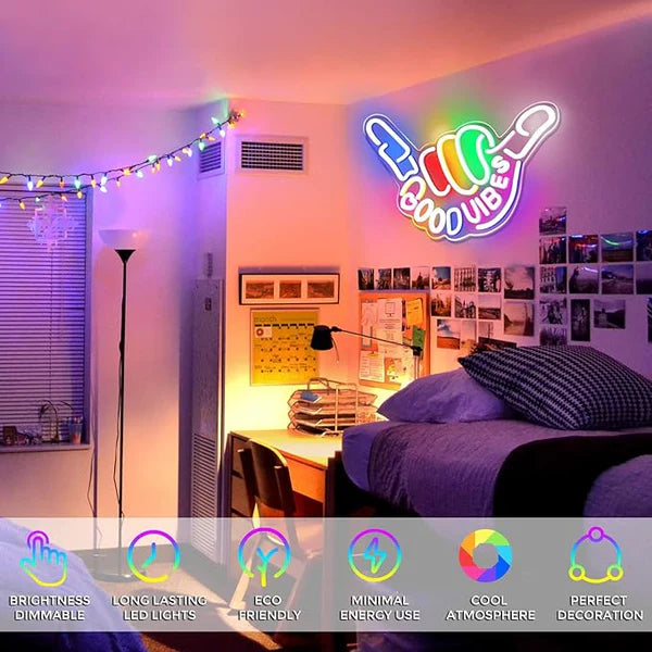 Good Vibes LED Sign – Shaka Hand Sign | USB Neon Light for Wall Decor | 17×13 inch | Hanging | Ideal for Bedroom, Dorm, Lounge, Party