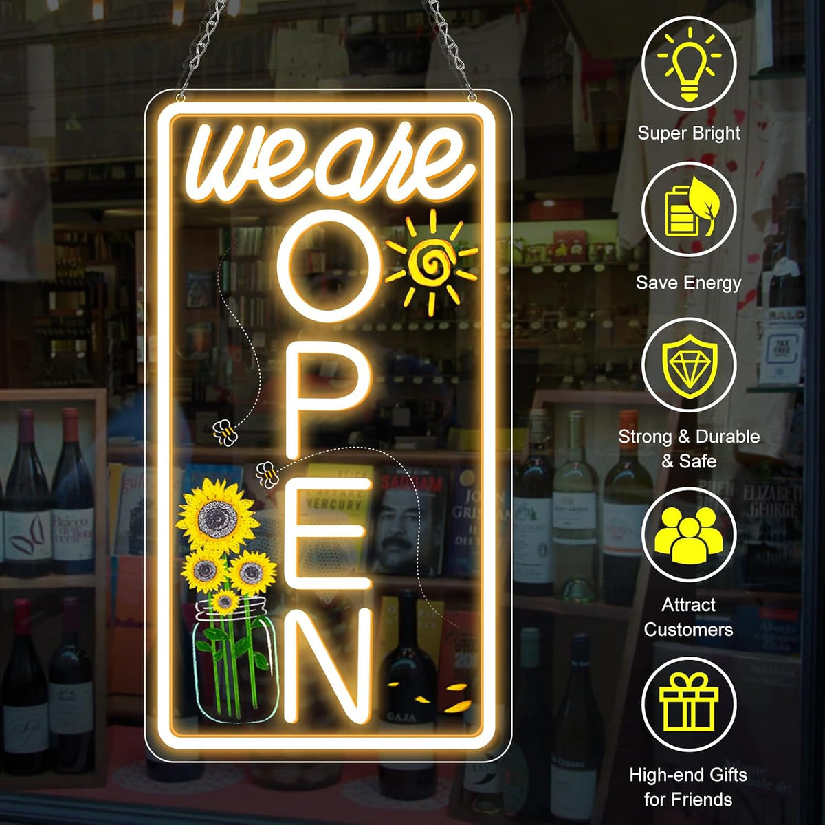 We Are Open Vertical Silicone LED shop signs – Warm White / Neutral White  | 16.5 × 9 inch |Window Hanging | Plug & Play for Cafes, Restaurants & Retail Shops
