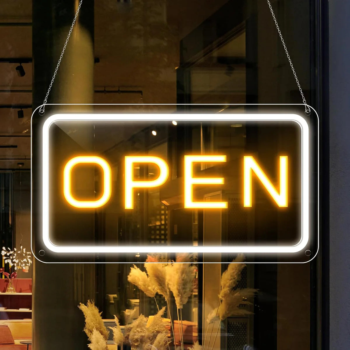 OPEN Neon Sign – 6 Color Options | USB Powered | 17×9 inch (44×24 cm) | LED Window Hanging Light for Storefronts