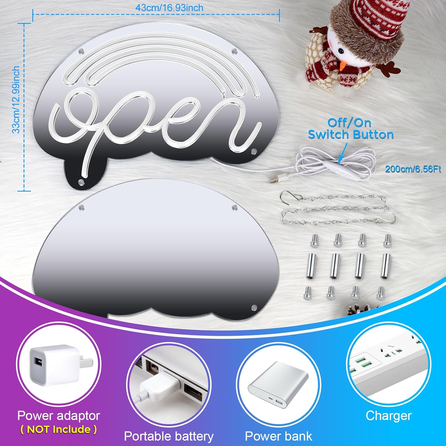 LightingWill LED Open Neon Sign, Dimmable Open Signs for Business with ON/OFF Switch, 17"x12", 5V USB Powered Rainbow LED Neon Light Sign for Wall Decor, Shop, Bar, Home