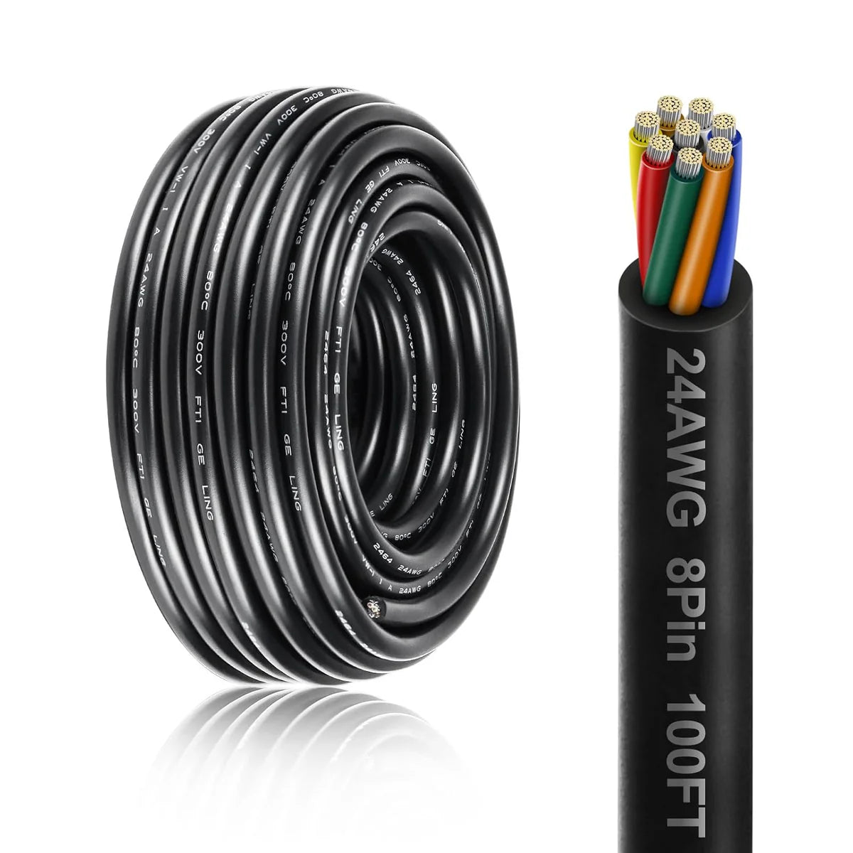 24 AWG Electrical Cable, Stranded Tinned Copper Multi-Core Wire, 6/7/8 Conductor, Black/White PVC Jacket Flexible Control Extension Cord — 3m–50m (10ft–165ft) Options