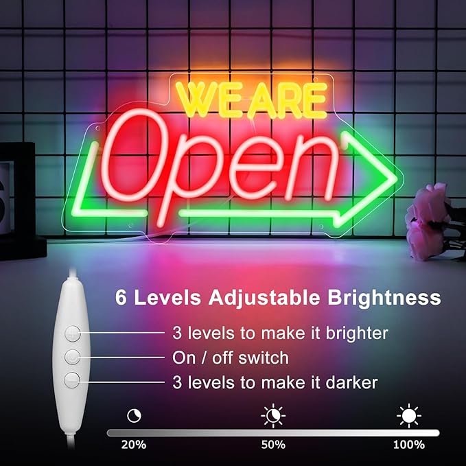 Bright Open Signs for Business, 16.1"X 7.8" Dimmable Open Sign Powered by USB, Red&Green&Yellow Christmas Neon LED Sign, We Are Open Sign for Door Windows