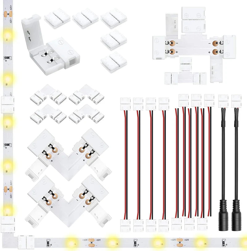 LightingWill LED Strip Connector 10mm 2Pin Solderless Clips, LED Light Strip Connector Strip to Wire Strip to Strip DC Adapter L T Connectors, Local Stock US UK