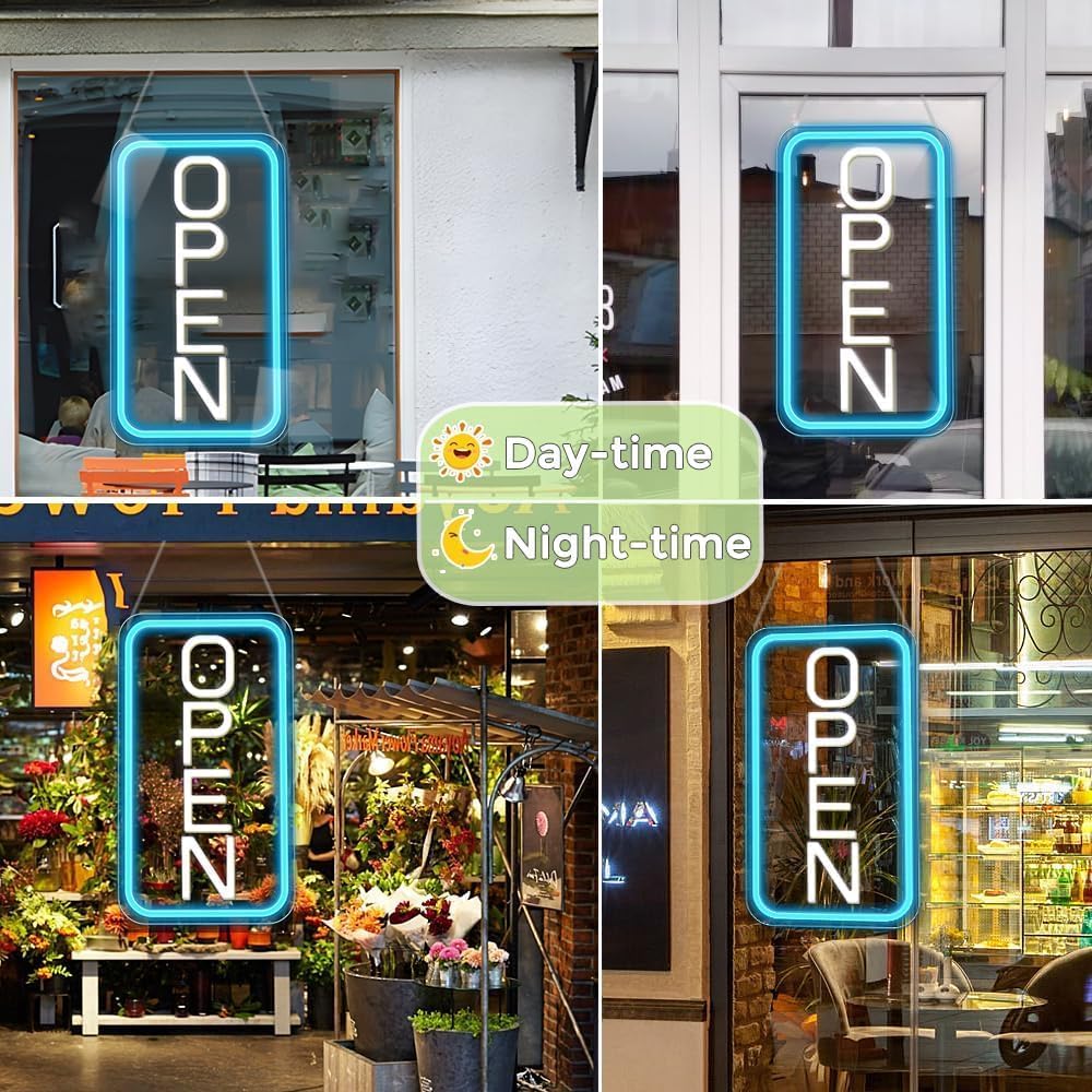 Vertical OPEN Neon Sign – 6 Color Options | USB Powered | 17×9 inch (44×24 cm) | LED Window Hanging Light for Storefronts