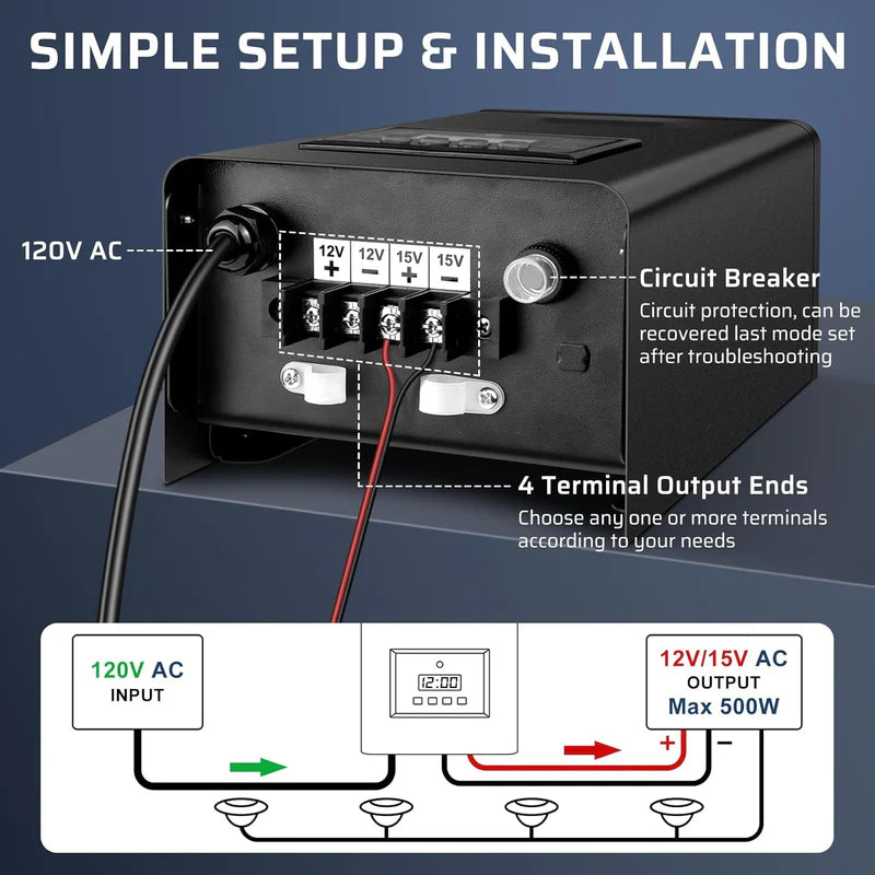 500W/600W Landscape Lighting Transformers – 120V to 12V/15V AC, Single Zone, Timer & Internal Photocell, Power Supply for Landscape Lighting Systems