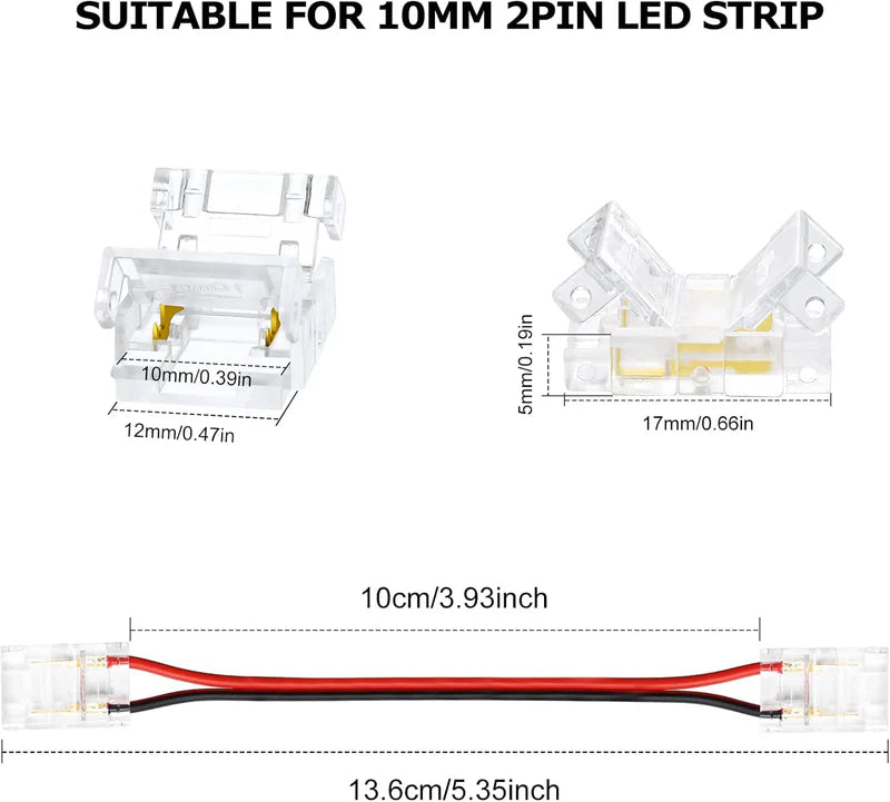 LightingWill LED Strip Connector 10mm 2Pin Transparent Solderless Clips, LED Light Strip Connector Crystal Strip to Wire Strip to Strip DC Adapter Connector, Local Stock US UK