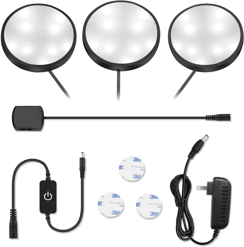 LightingWill LED Puck Cabinet Lights 3/6 Pack 12V Adapter, Touch Dimmable Under Cabinet Lights, Warm White / Daylight White, Black Finish, Adhesive Mount for Kitchen and Cabinets, US / UK Plug