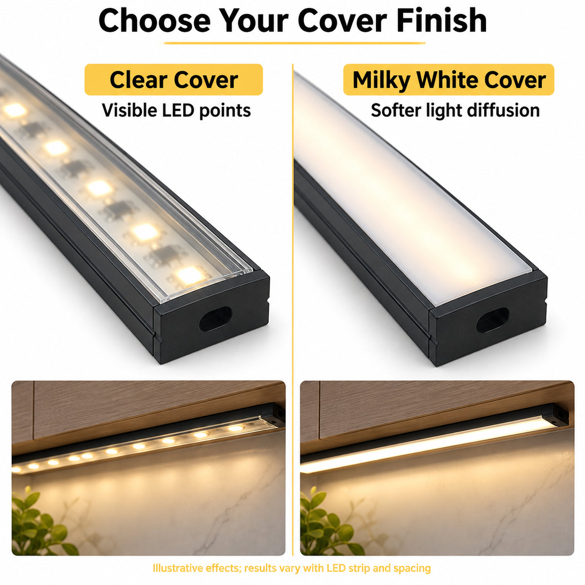 Black U04 10x23mm U-Shape LED Aluminum Channel, 20mm Inner Width, with Cover, End Caps & Mounting Clips