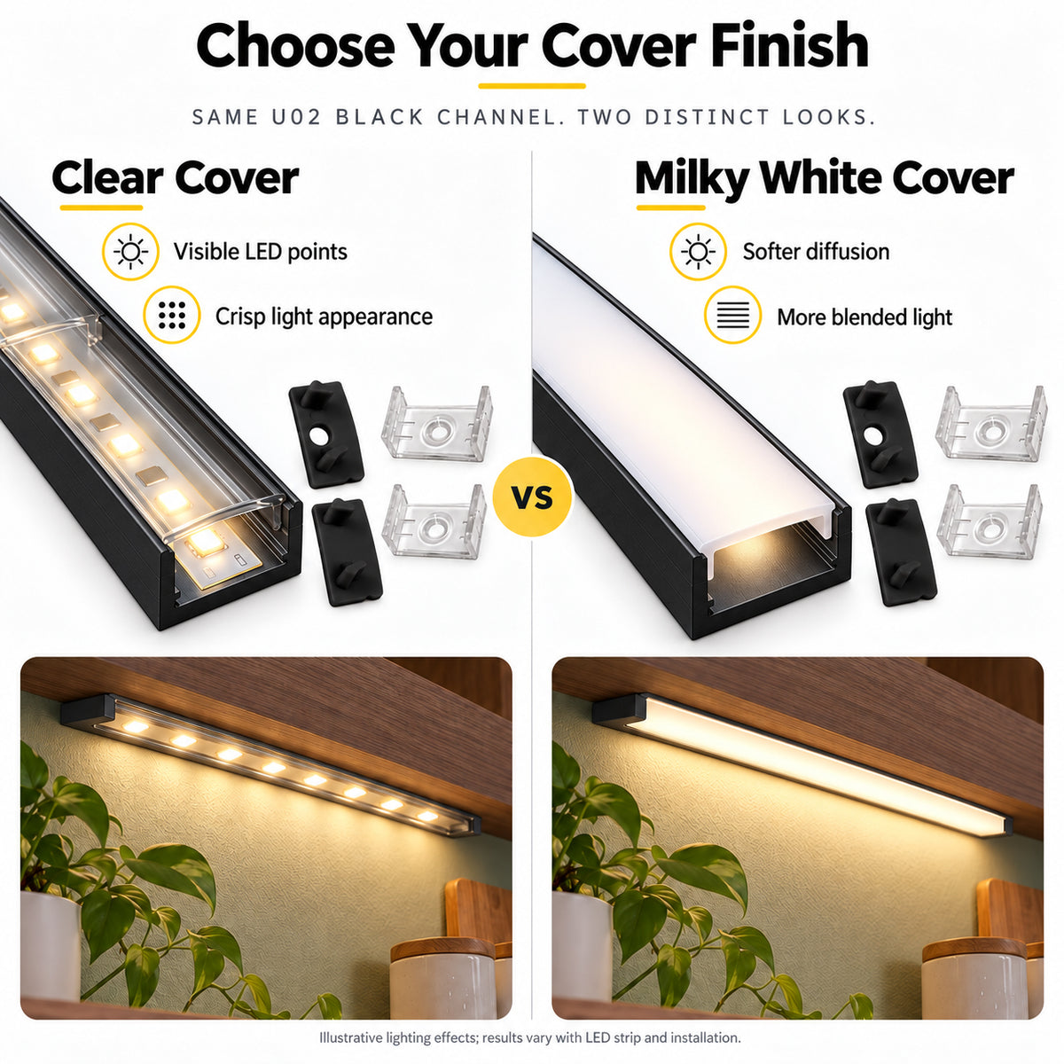 Black U02 9x17mm U-Shape LED Aluminum Channel, 12mm Inner Width, with Cover, End Caps & Mounting Clips