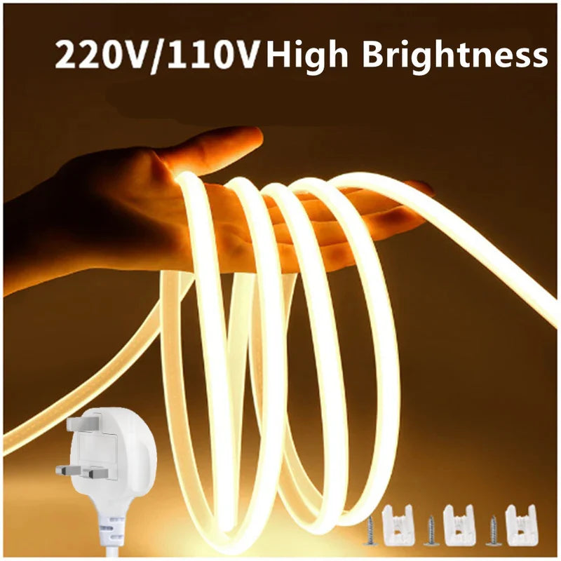 AC110V / 220V COB LED Strip Light 3000K / 6500K, IP65 Waterproof Spotless High Brightness Inline Power Switch for Cabinet Kitchen & Office Lighting, US / EU Plug, 5M/10M Pack