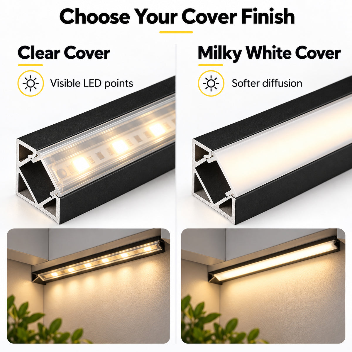 Black V03 18x18mm V-Shape Corner-Mount LED Aluminum Channel, 12mm Inner Width, with Cover, End Caps & Mounting Clips