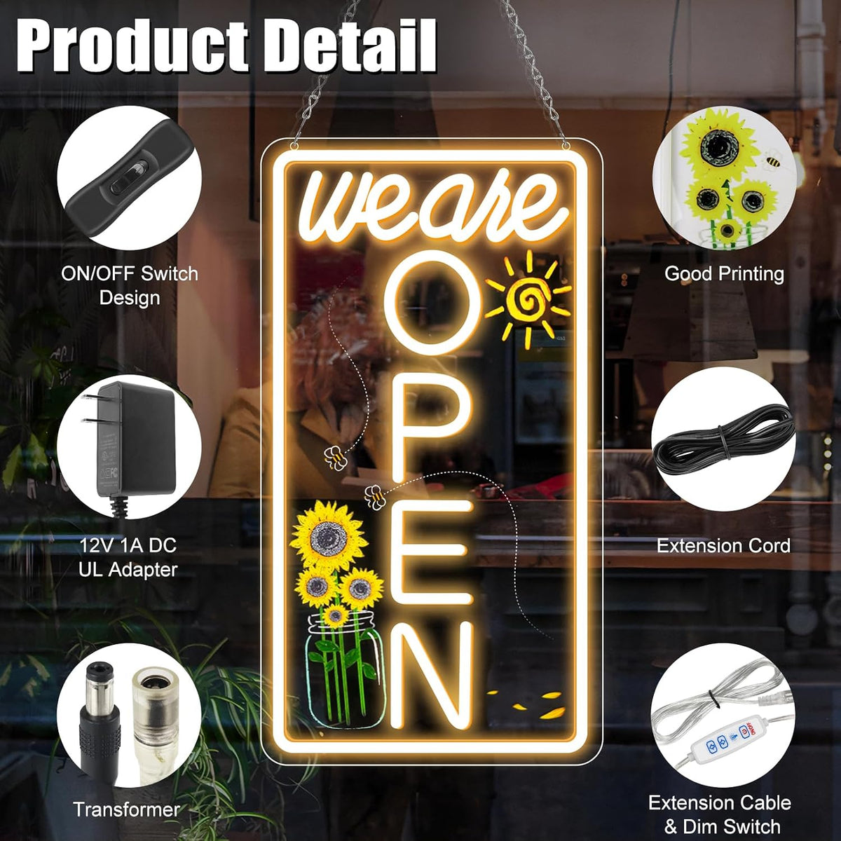 We Are Open Vertical Silicone LED shop signs – Warm White / Neutral White  | 16.5 × 9 inch |Window Hanging | Plug & Play for Cafes, Restaurants & Retail Shops