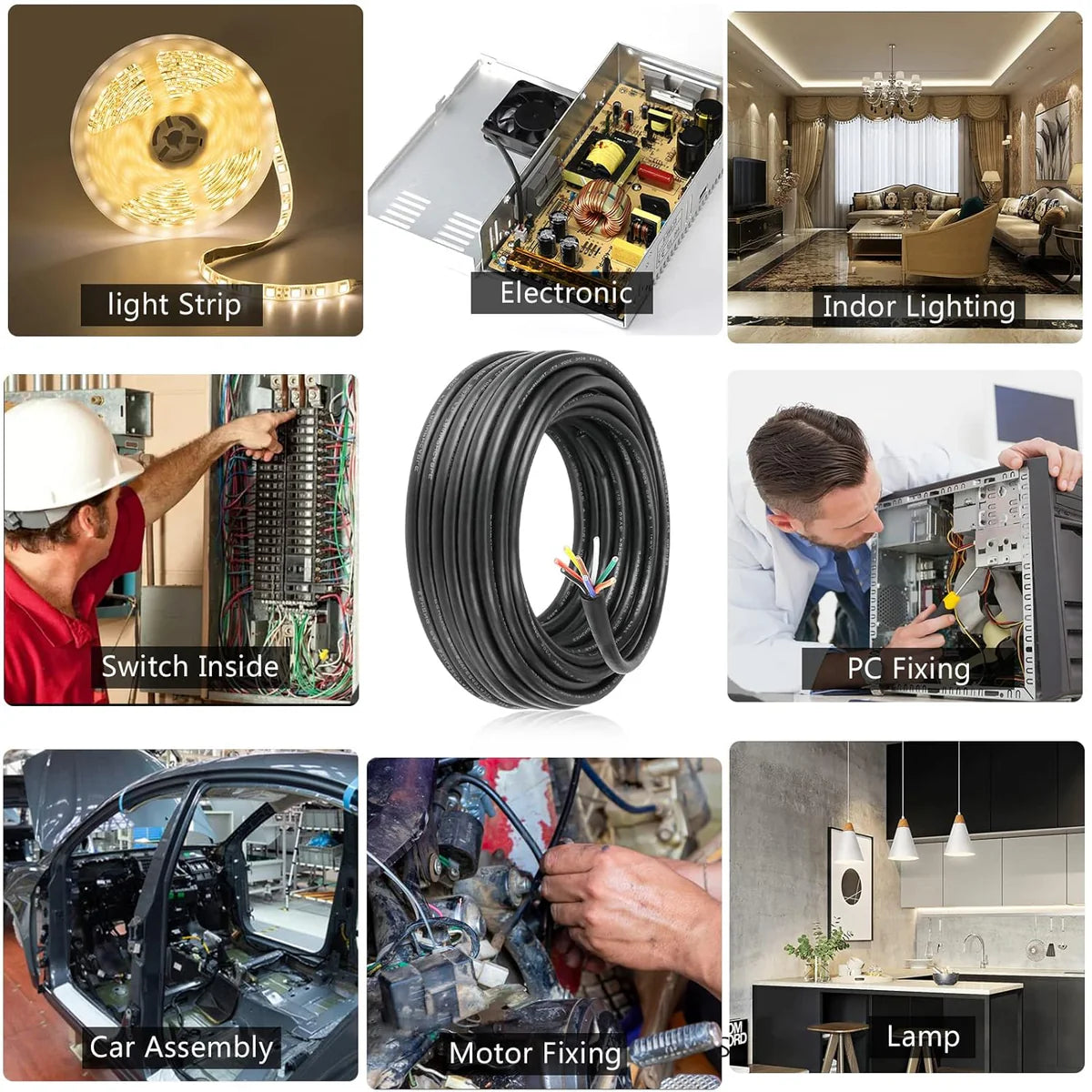 24 AWG Electrical Cable, Stranded Tinned Copper Multi-Core Wire, 6/7/8 Conductor, Black/White PVC Jacket Flexible Control Extension Cord — 3m–50m (10ft–165ft) Options