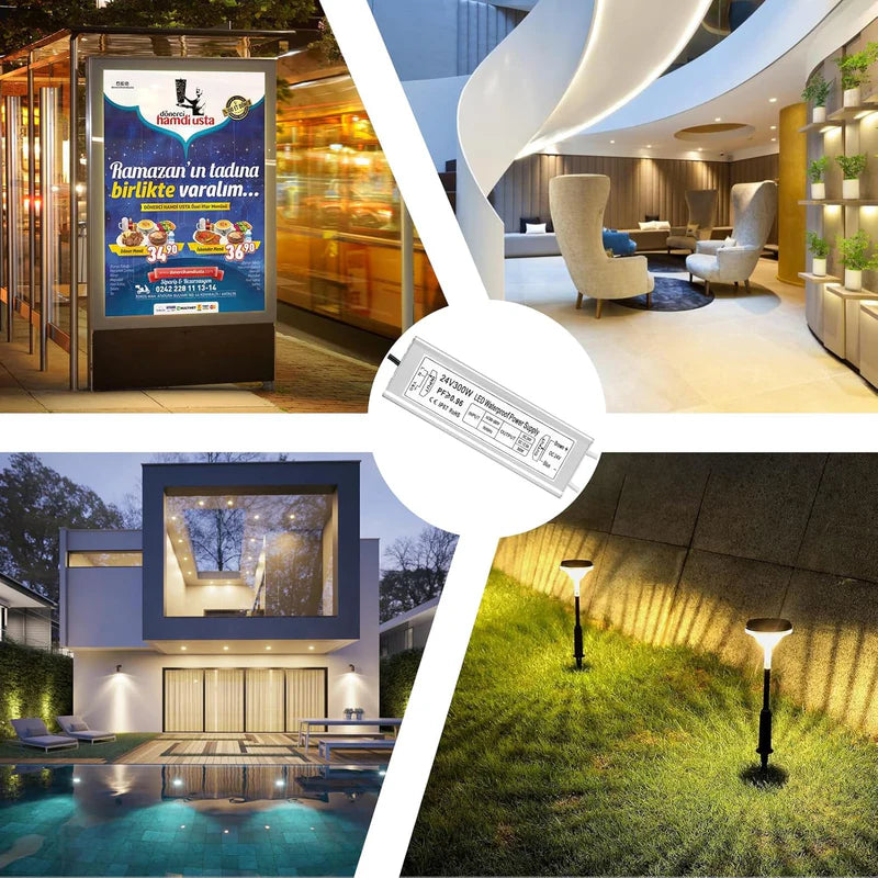 24V Waterproof LED Power Supply – 30W–300W Outdoor LED Driver, 90–265V AC Input, Single or Dual Wire Output, CE/RoHS/FCC Certified, US/UK/EU Plug & Wire Lead Options