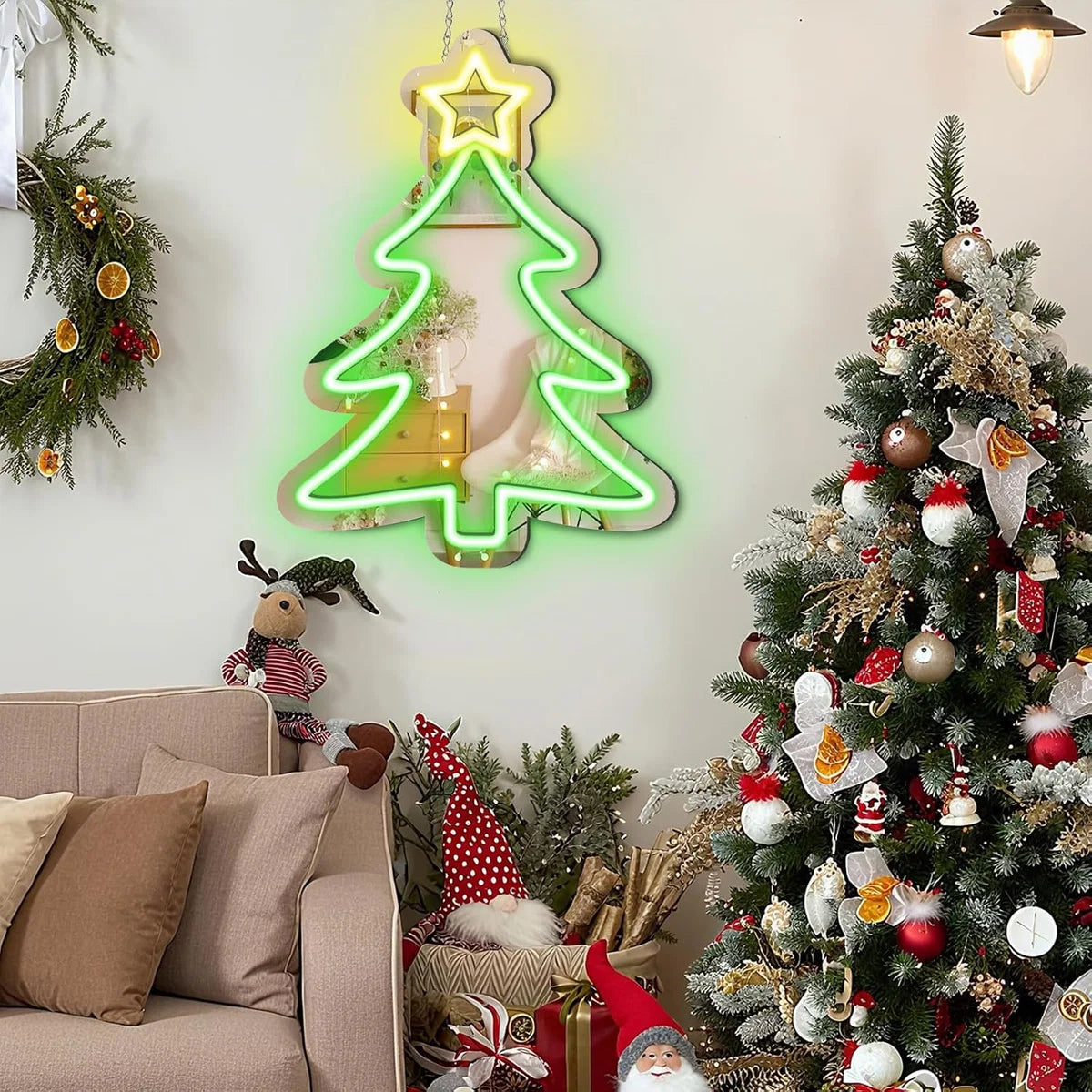 LED Neon Signs – Christmas Tree Silicone Neon Sign – 16×12 Inch | 5V USB Powered Dimmable Green & Yellow Glow LED Wall Light | Neon Lamp with Accessories Included | Hanging Holiday Decor for Christmas Party, Bedroom & Home Spaces