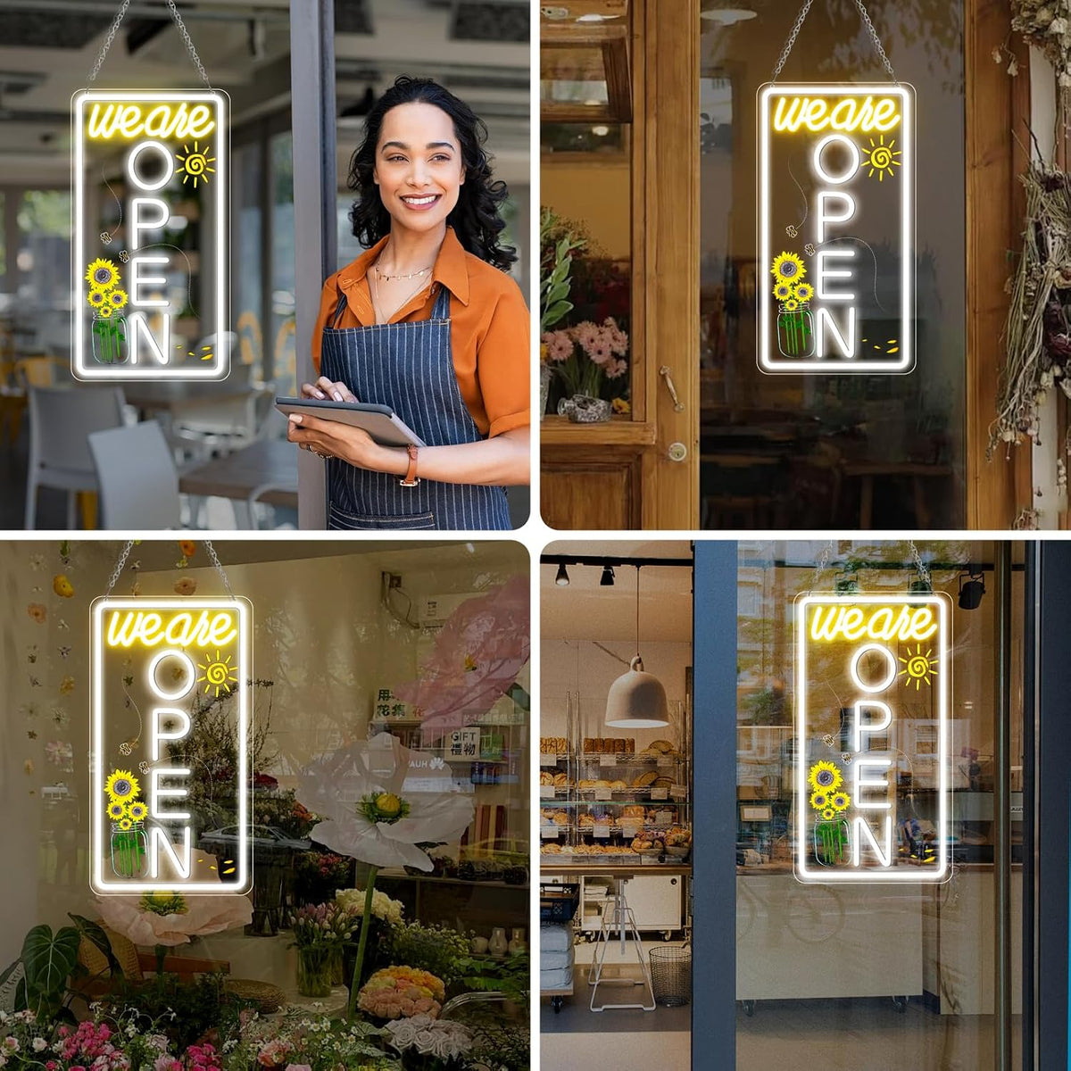 We Are Open Vertical Silicone LED shop signs – Warm White / Neutral White  | 16.5 × 9 inch |Window Hanging | Plug & Play for Cafes, Restaurants & Retail Shops