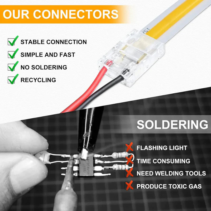 LightingWill LED Strip Connector 10mm 2Pin Transparent Solderless Clips, LED Light Strip Connector Crystal Strip to Wire Strip to Strip DC Adapter Connector, Local Stock US UK