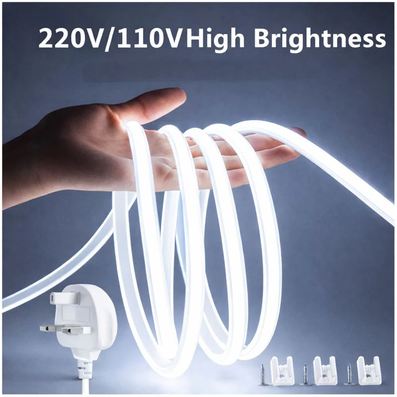 AC110V / 220V COB LED Strip Light 3000K / 6500K, IP65 Waterproof Spotless High Brightness Inline Power Switch for Cabinet Kitchen & Office Lighting, US / EU Plug, 5M/10M Pack