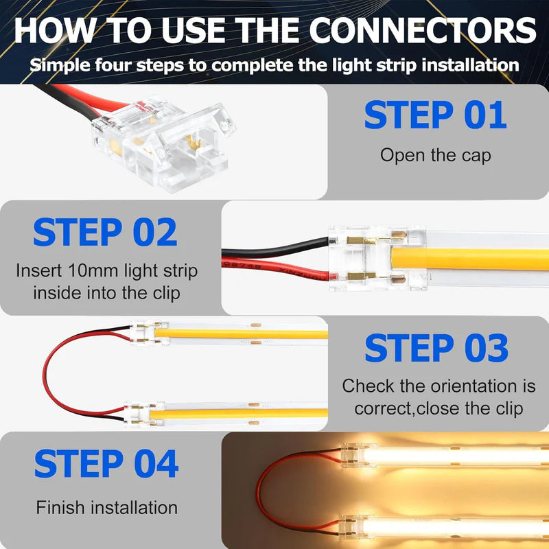 LightingWill LED Strip Connector 10mm 2Pin Transparent Solderless Clips, LED Light Strip Connector Crystal Strip to Wire Strip to Strip DC Adapter Connector, Local Stock US UK