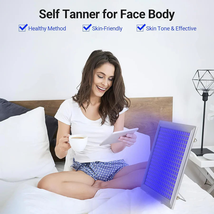50W Blue Light Tanning Lamp – Blue Light 460–465nm | Dimmable Timer | AC100–240V | Aluminum Alloy + PC Cover | Blue / Desktop Stand | for Skin Tanning & Bronze Tone | Controller, Hook & Goggles Included | US / EU / UK / AU Plug