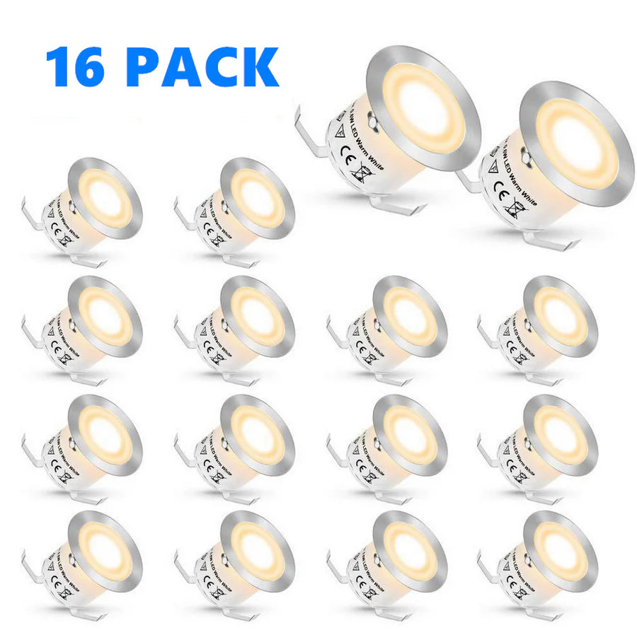 16-Pack Recessed LED Deck Lights – 0.6W Each | Warm White / Natural White  | AC100–265V Input with Power Adapter | US / EU / UK / AU Plug Options | IP67 Waterproof Inground Step Lights Kit for Deck, Garden, Yard, Stairs & Pathway Lighting