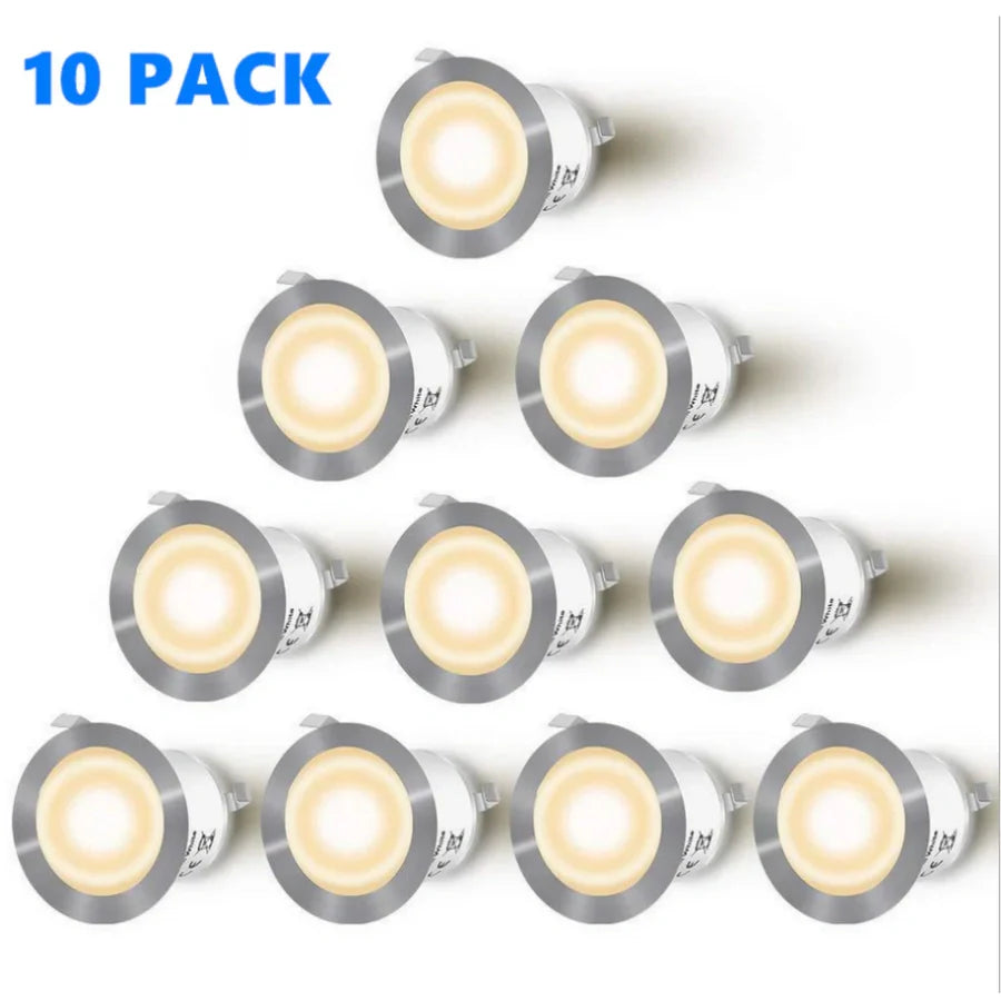 10-Pack Recessed LED Deck Lights – 0.6W Each | Warm White / Natural White | AC100–265V Input with Power Adapter | US / EU / UK / AU Plug Options | IP67 Waterproof Inground Step Lights Kit for Deck, Garden, Yard, Stairs & Pathway Lighting
