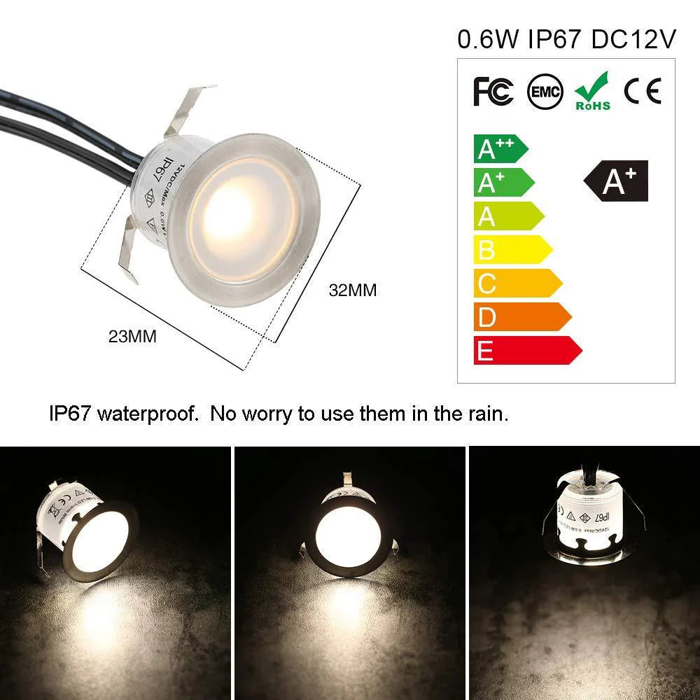 10-Pack Recessed LED Deck Lights – 0.6W Each | Warm White / Natural White | AC100–265V Input with Power Adapter | US / EU / UK / AU Plug Options | IP67 Waterproof Inground Step Lights Kit for Deck, Garden, Yard, Stairs & Pathway Lighting