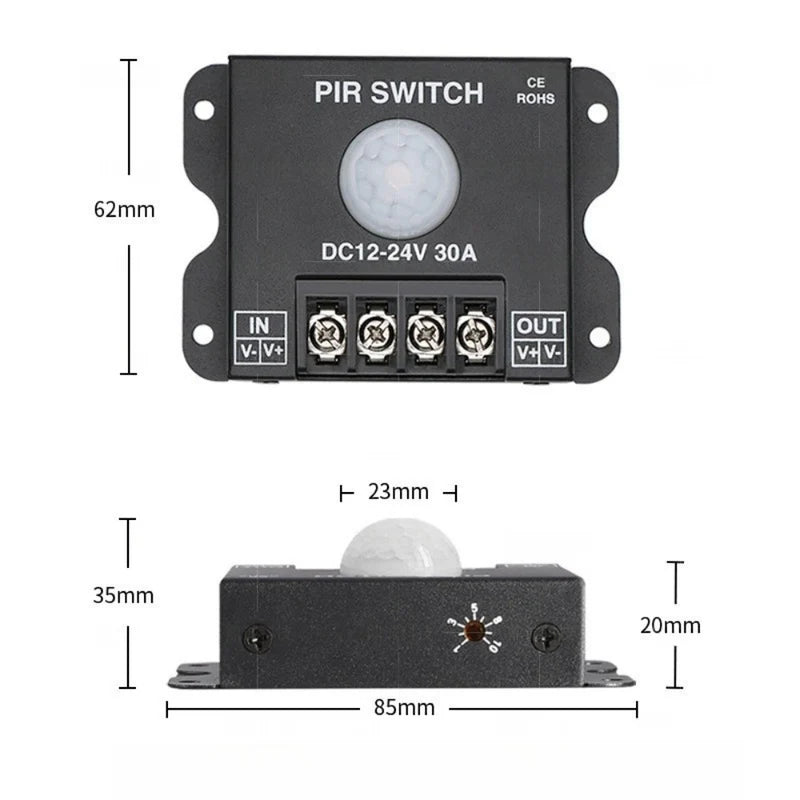 LightingWill LED Strip Motion Sensor Switch DC12V 24V 30A PIR Motion Detector Controller for LED Strips