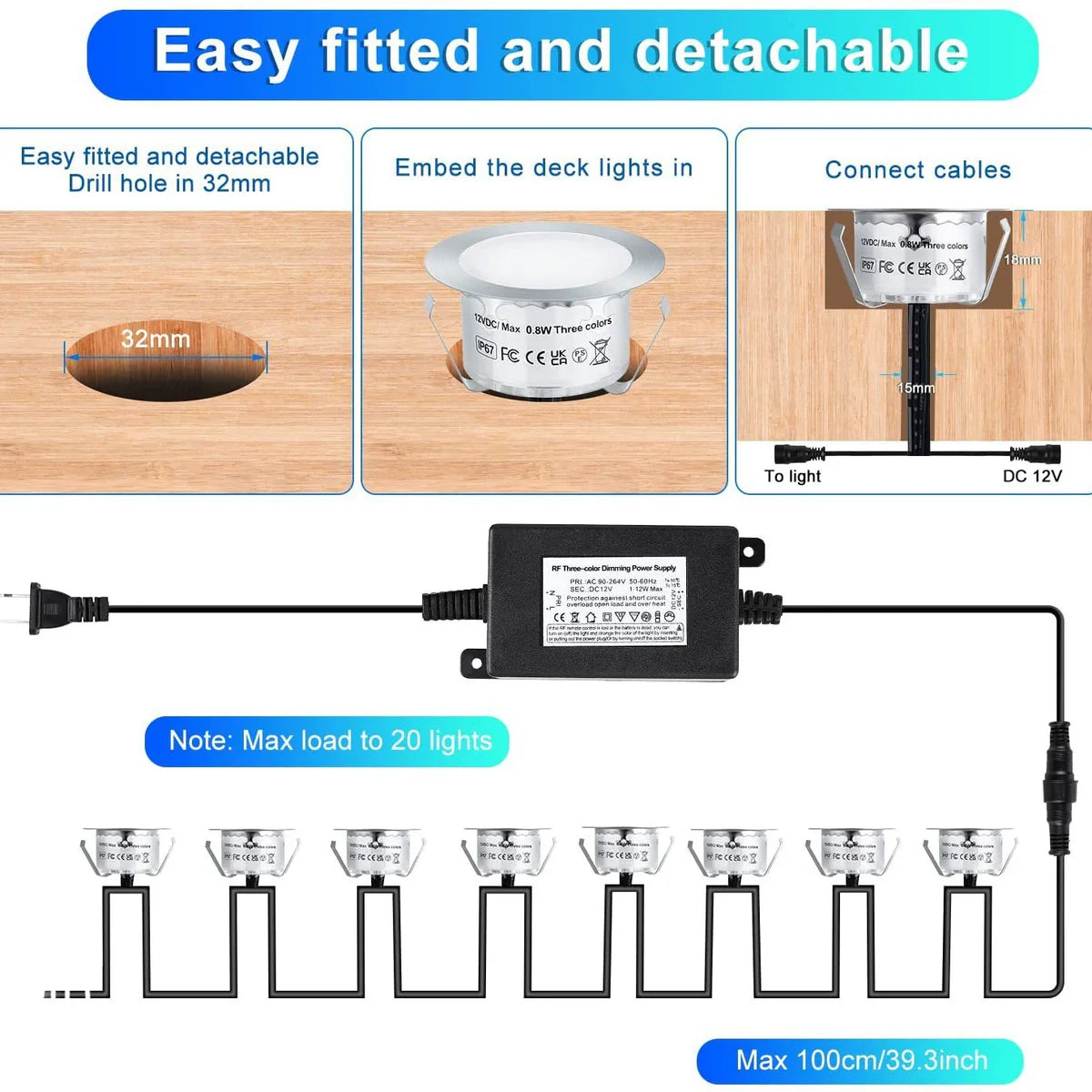 10-Pack Recessed LED Deck Lights – 0.8W Each | 3CCT Selectable 3000K / 4000K / 6000K  | Remote Control Color Temperature Switching | AC100–265V Input with Power Adapter | US / EU / UK / AU Plug Options | IP67 Waterproof Inground Step Lights Kit
