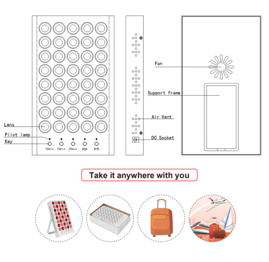 50W Desktop Infrared Therapy Lamp – 40 LEDs | Button / Touch Control | Red Light 660nm & IR 850nm | Dimmable Timer | AC100–240V | Desktop Stand Design | for Skin Care | Hanging Rope & Goggles Included | US / EU / UK / AU Plug