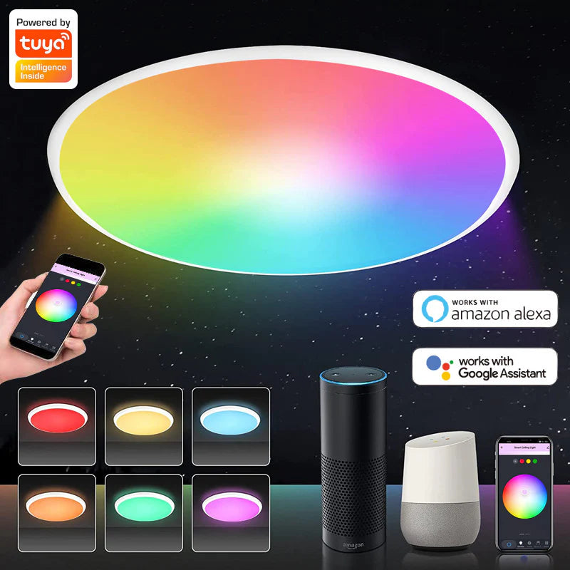 12 Inch 24W White / Black Smart RGBCW Round Slim LED Ceiling Lights – AC 220–240V | RGB Color Changing, 2700K–6500K Adjustable with Dimmable Brightness | Compatible with Alexa/Google Home/APP Control WiFi Light for Bedroom/Kids Room/Party – 2-Pack